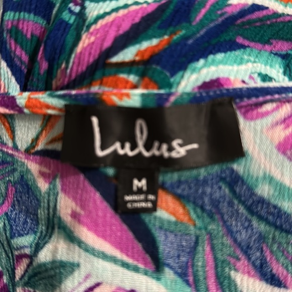 Lulus Hypnotized Purple Gauzy Tropical Print Faux Wrap Romper w Kimono Sleeves - Picture 9 of 11